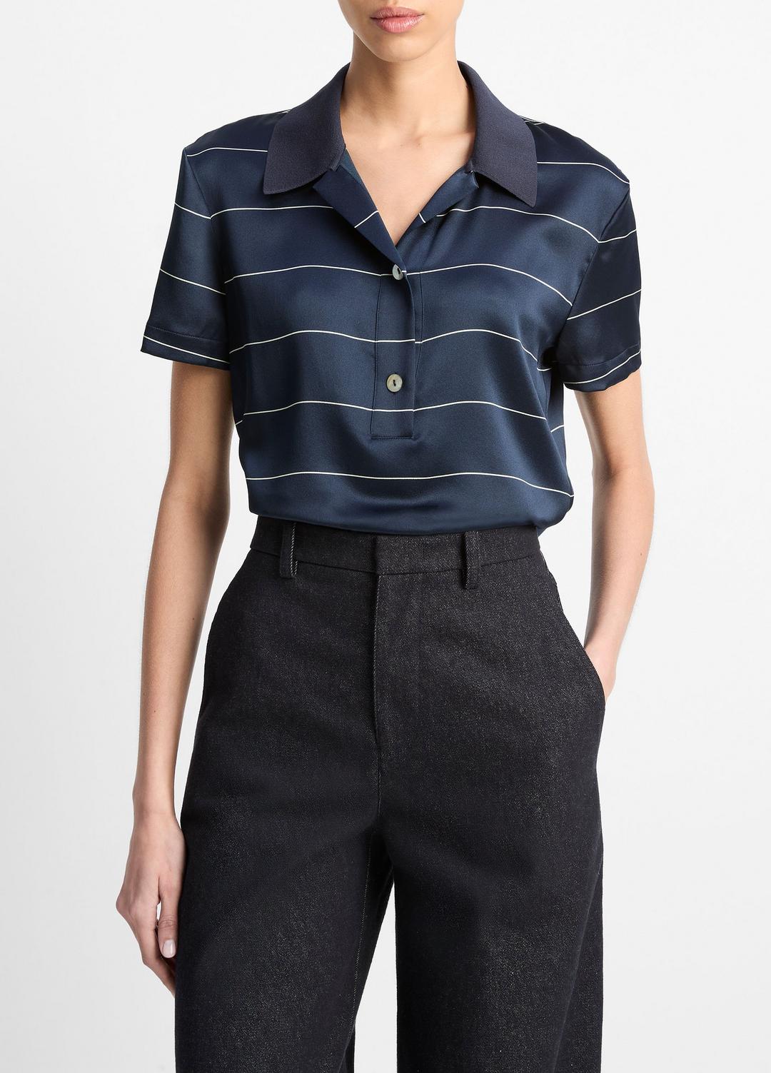 VINCE Sale Knit-Collar Striped Silk Polo Shirt in Shirts & Tees