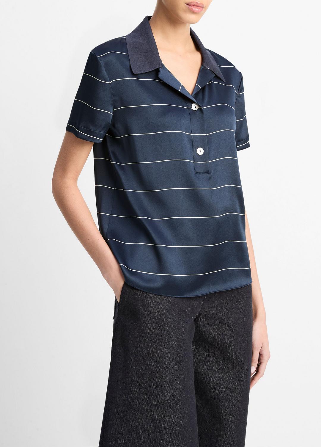 VINCE Sale Knit-Collar Striped Silk Polo Shirt in Shirts & Tees