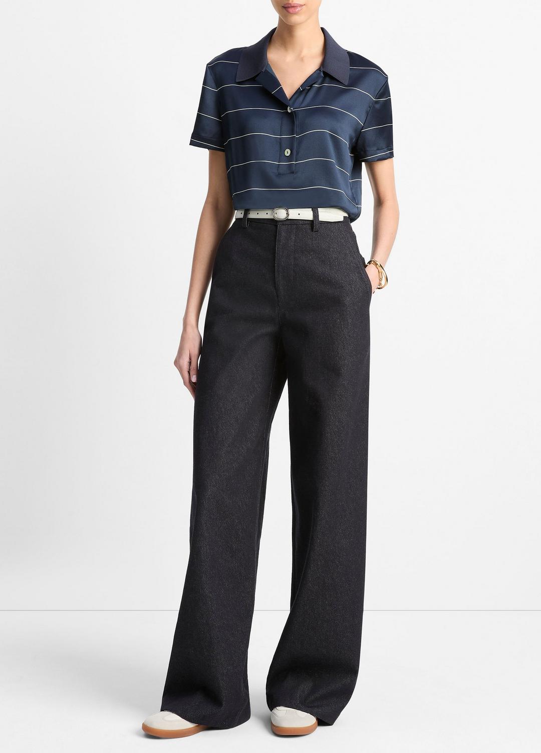 VINCE Sale Knit-Collar Striped Silk Polo Shirt in Shirts & Tees