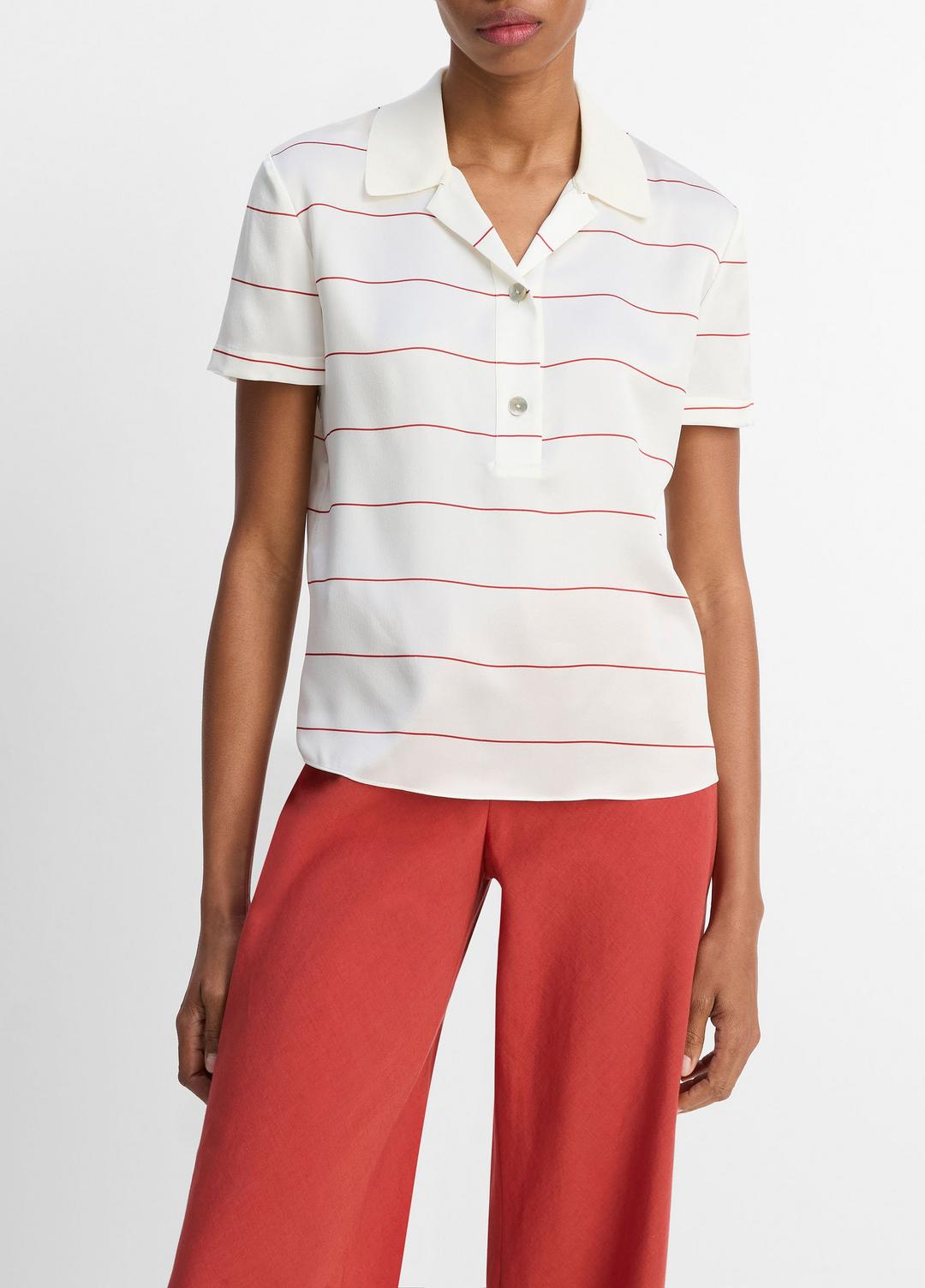 VINCE Sale Knit-Collar Striped Silk Polo Shirt in Shirts & Tees