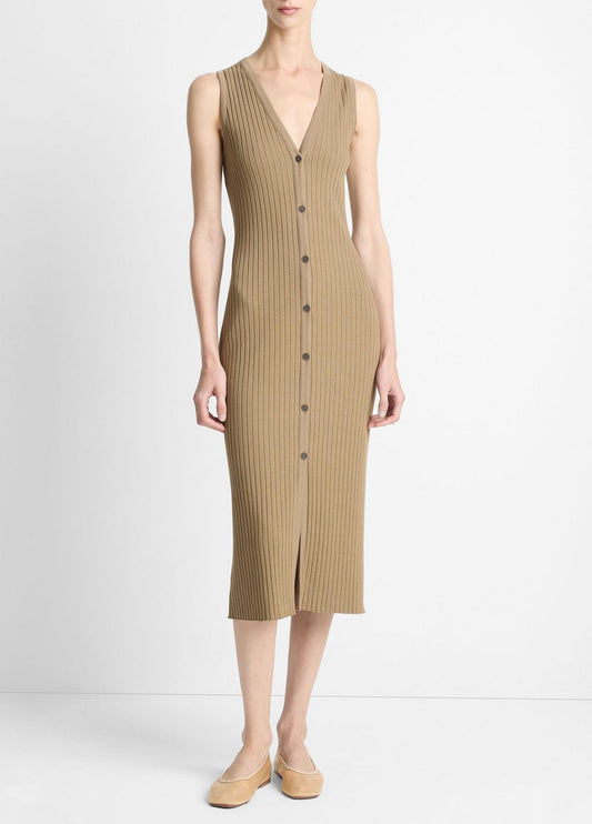 VINCE Sale Ribbed Cotton-Blend Button-Front Dress in Dresses & Skirts