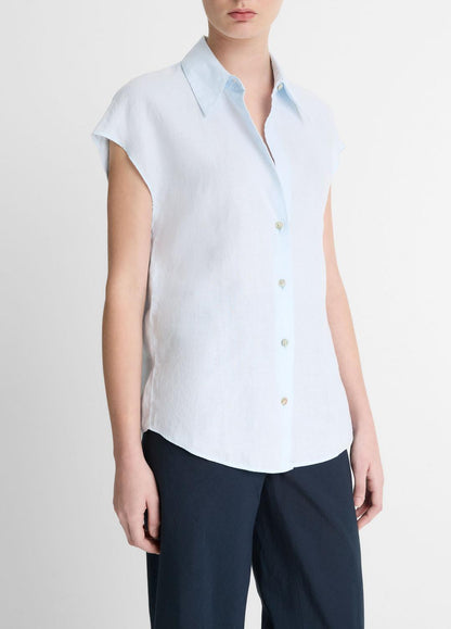VINCE Sale Linen Cap-Sleeve Button-Front Blouse in Shirts & Tees