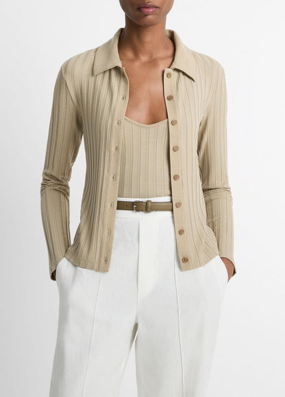 VINCE Sale Ribbed Collared Long-Sleeve Button-Front Top in Shirts & Tees
