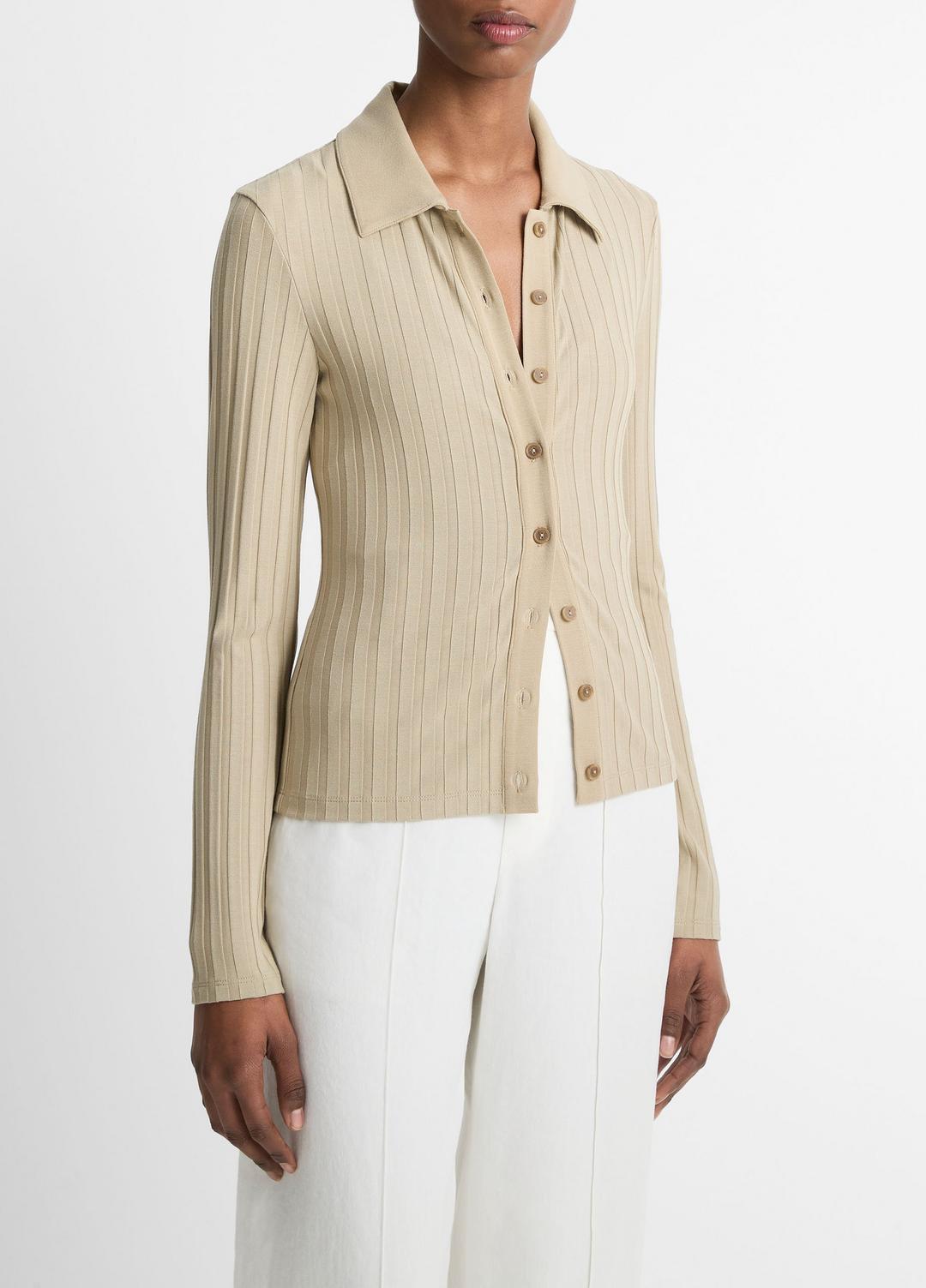 VINCE Sale Ribbed Collared Long-Sleeve Button-Front Top in Shirts & Tees