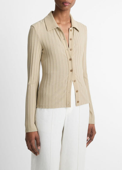 VINCE Sale Ribbed Collared Long-Sleeve Button-Front Top in Shirts & Tees
